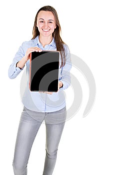Young caucasian woman presenting black screen empty digital tablet