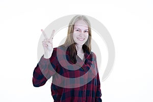 Young caucasian woman showing victory hand sign finger v isolated on white background