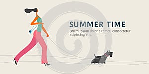 Young caucasian woman walking with the dog vector illustration