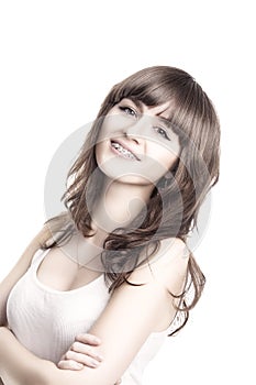 Young Caucasian Woman Wearing Orthodontic Teeth Brackets