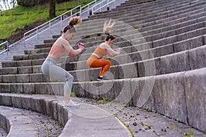 Young caucasian women doing step jump exercise