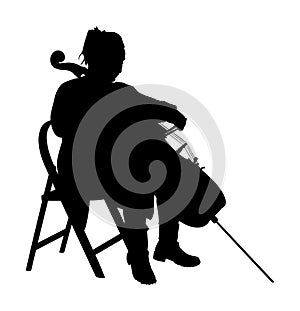 Young cellist vector silhouette siting and playing cello on white background. Woman artist play cello.