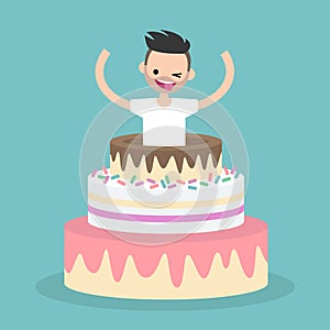 Young character jumping out of a cake / flat editable vector ill