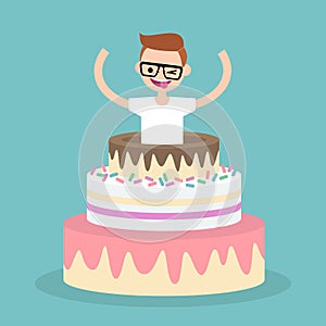 Young character jumping out of a cake / flat editable vector ill