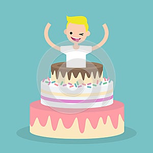 Young character jumping out of a cake / flat editable vector ill