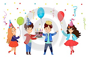 Young character kid celebrate birthday party, children hold birth cake, congratulation child flat vector illustration