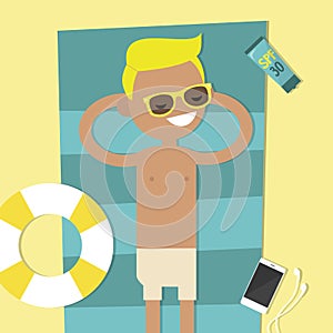 Young character lying on the beach. Top view / flat editable vector illustration, clip art
