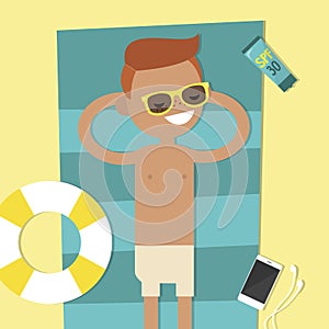 Young character lying on the beach. Top view / flat editable vector illustration, clip art