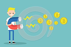 Young character mining bitcoins with a huge magnet / flat editable vector illustration, clip art