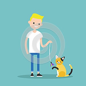 Young character playing with a cat / flat editable vector illustration, clip art