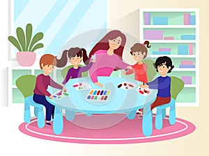 Young character teacher woman teach children paint image, smiling children draw colored picture on sheet paper cartoon