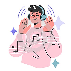 Young character wearing headphones, listening to music. Man