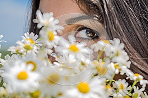 Young charming brunette girl with a bouquet of white field chamomiles on a summer sunny day