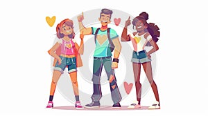 Young cheer characters show thumbs up, ok, heart, victory, yeah symbol and gesture. Happiness emotions, body language