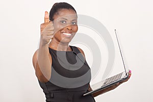 Young cheerful businesswoman with hand gesture