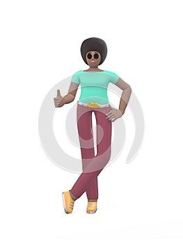 Young cheerful african girl posing in free pose with thumb up. Positive character in casual colored clothes isolated on a white