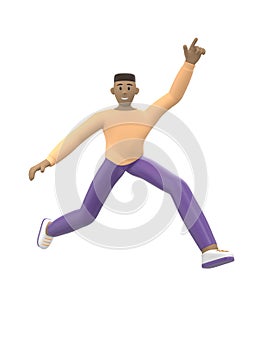 A young cheerful African guy dances, jumps, levitates and flies. Positive character in casual colored clothes isolated on a white