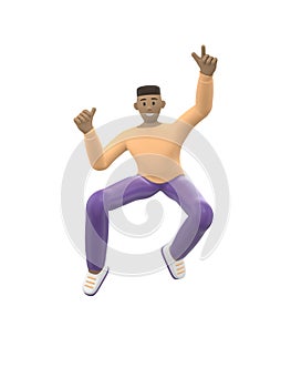 A young cheerful African guy dances, jumps, levitates and flies. Positive character in casual colored clothes isolated on a white