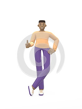 Young cheerful african guy posing in free pose hand thumb up. Positive character in casual colored clothes isolated on a white