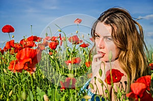 A young cheerful beautiful girl walks in a poppy meadow among red blooming poppies on a bright, hot, sunny summer day