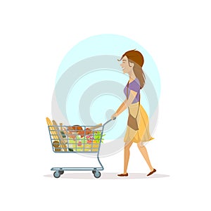 Young cheerful cartoon woman shopping in supermarket