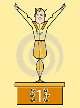 Young cheerful caucasian white sportsman standing on the winners podium with raised hands,  vector illustration