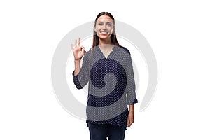 young cheerful cute caucasian brunette lady is dressed in dark blue blouse