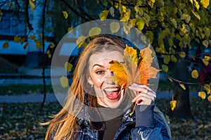 Young cheerful cute girl woman playing with fallen autumn yellow leaves in the park near the tree, laughing and smiling