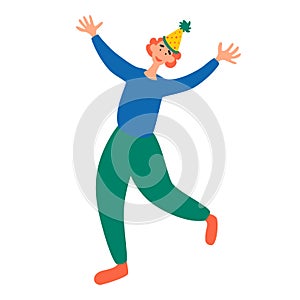 Young cheerful dancing man is happy at a party. Male character at party or holiday. April fool day. Happy birthday party flat