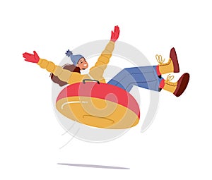Young Cheerful Girl Sliding on Snow Tubing Having Fun On Winter Holidays. Happy Female Character Riding Tube Downhill