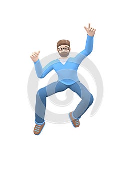A young cheerful guy with a beard in glasses dances, jumps, levitates and flies. Positive character in casual colored clothes