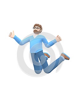 A young cheerful guy with a beard in glasses dances, jumps, levitates and flies. Positive character in casual colored clothes