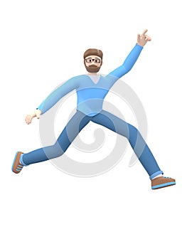 A young cheerful guy with a beard in glasses dances, jumps, levitates and flies. Positive character in casual colored clothes