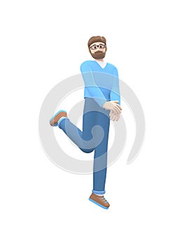 A young cheerful guy with a beard in glasses dances, jumps, levitates and flies. Positive character in casual colored clothes