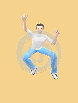 A young cheerful guy dances, jumps, levitates and flies. Positive character in casual colored clothes on a yellow background.