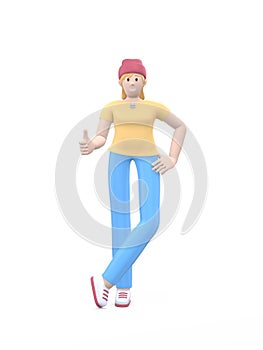 Young cheerful hipster girl in hat hand thumb up. Positive character in casual colored clothes isolated on a white background.