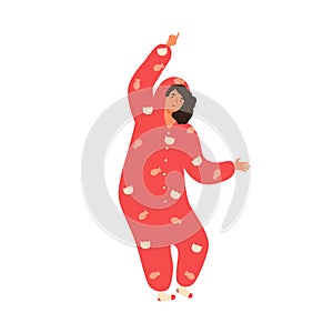 Young cheerful woman in hooded kigurumi dancing at pajama party. Female character having fun in cozy cute homewear. Flat