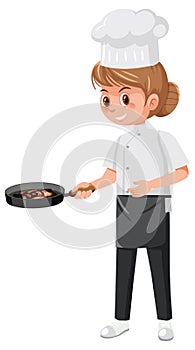 Young chef cooking steak on white background
