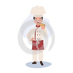 Young Chef Enjoying Tasty Hot Dog. Flat vector cartoon illustration