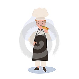 Young Chef Enjoying Tasty Hot Dog. Flat vector cartoon illustration