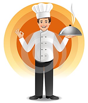 Young chef with steaming cuisine