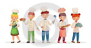 Young chefs. Happy children cooks, kids cooking and baking in chef costume cartoon vector illustration