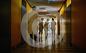 Young chemistry students walk down hallway in the university building while have a break. Institution, hallway, university, people photo