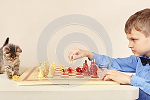 Young chessplayer with pretty kitten plays chess.