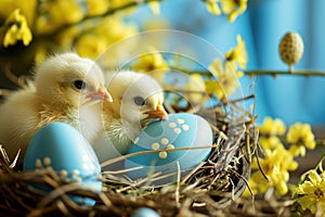 young chicks in a cute nest with eggs decorated with happy easter