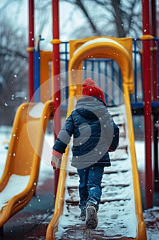 Young child bundled up in winter clothes, actively exploring a snow-dusted playground