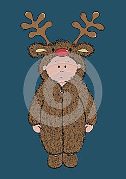 Young child in a cute zip-up reindeer onesie.