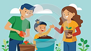 A young child excitedly composting their food scraps with their parents learning about waste reduction and nutrientrich