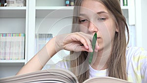 Young Child Reading Books, Student Girl in School Library, Teenager Kid Studying Learning in Classroom, Adolescents Education