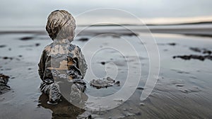 A young child is sitting on a muddy beach, covered in mud from head to toe photo